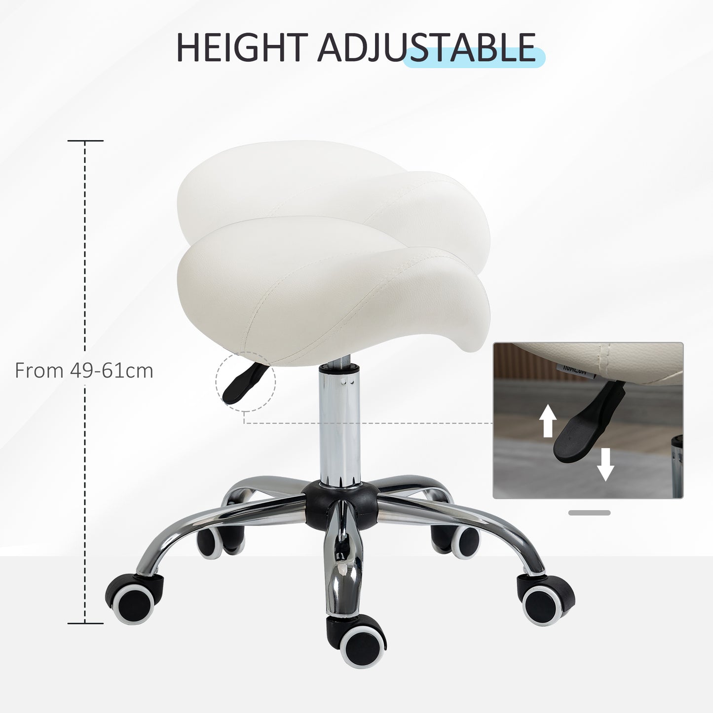 Cosmetic Stool 360° Rotate Height Adjustable Salon Massage Spa Chair Hydraulic Rolling Faux Leather Saddle Stool, Cream