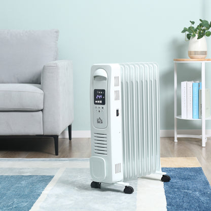 2180W Digital Oil Filled Radiator, 9 Fin, Portable Electric Heater with LED Display, 3 Heat Settings, Safety Cut-Off and Remote Control, White