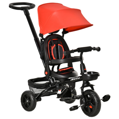 4 in 1 Tricycle 3 Wheels Pushchair Toddler Stroller Foldable Pedal Trike w/ Reversible Angle Adjustable Seat for 1-5 Years, Red