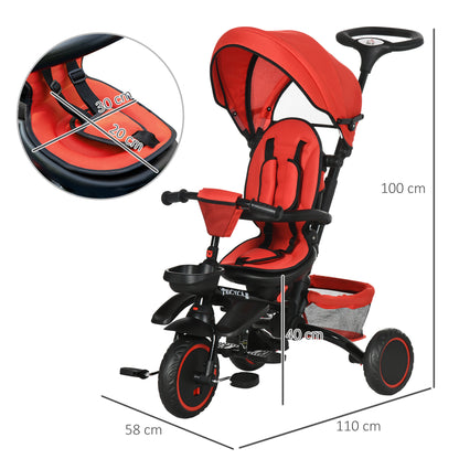 7-in-1 Tricycle for Kids, Baby Trike with Rotatable Seat, Adjustable Push Handle, Safety Harness Detachable Canopy Semi-reclining Footrest Red