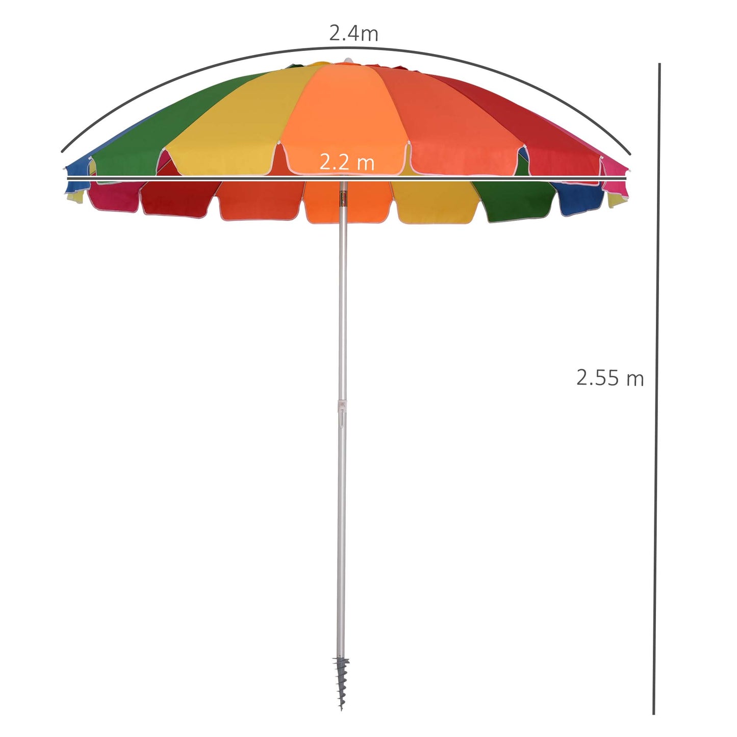 Outsunny Arc. 2.4m Beach Umbrella with Sand Anchor Adjustable Tilt Carry Bag for Outdoor Patio Multicolor