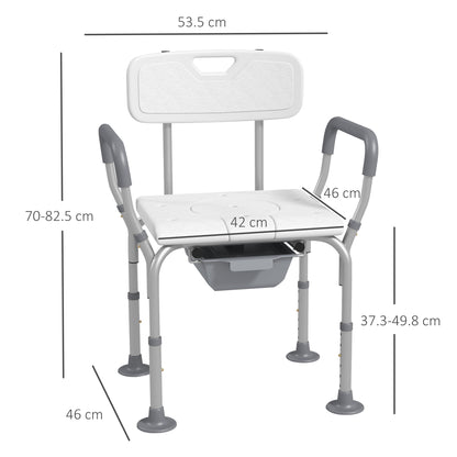 Height Adjustable Shower Stool with Arms and Back, Non-Slip Bedside Commode with Detachable Bucket, White