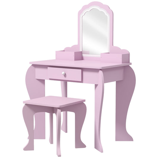 ZONEKIZ Kids Vanity Table with Mirror and Stool, Cloud Design, Drawer, Storage Boxes, for 3-6 Years Old - Pink