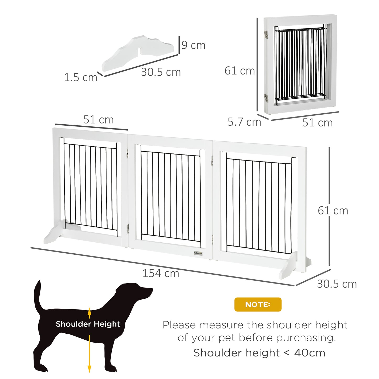 PawHut Dog Gate, Freestanding Pet Gate, Wooden Puppy Fence Foldable Design with 61 cm Height 3 Panels, 2 Support Feet, for House Doorway Stairs White