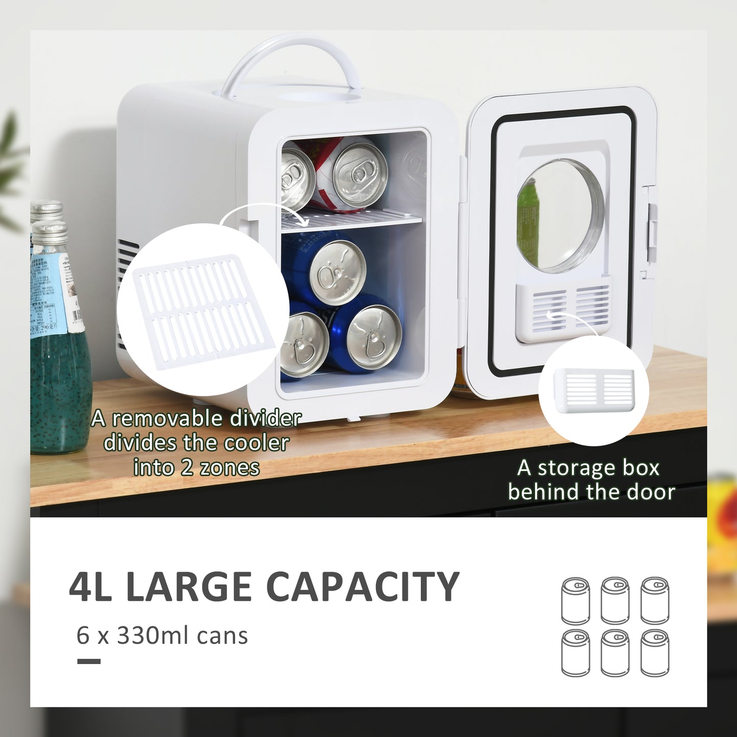 4 L/6 Can Mini Fridge, AC+DC Portable Cooler & Warmer for Skincare, Makeup, Cosmetics, Food, for Bedroom, Home, Caravan, Car, White