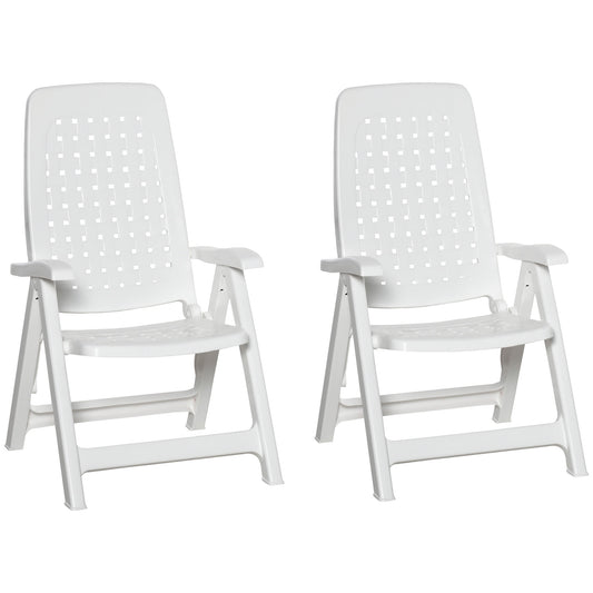 Outsunny Set of 2 Folding Plastic Dining Chairs with 4-Position Backrest, Reclining Armchairs for Indoor & Outdoor Events, Camping, White