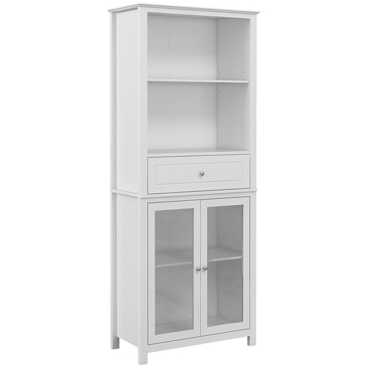 Kitchen Cupboard, Pantry Storage Cabinet w/ Tempered Glass Doors, Drawer, Open Shelf, Adjustable Shelves, 181.5 cm, White