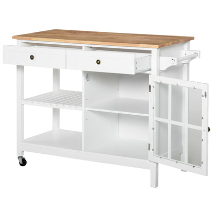 Modern Kitchen Island on Wheels, Kitchen Trolley Storage Cart with 2 Drawers, Cabinet, Towel Rack, Rubber Wood Top for Dining Room, White