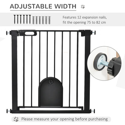 PawHut 75-82 cm Pet Safety Gate Barrier, Stair Pressure Fit, w/ Small Door, Auto Close, Double Locking, for Doorways, Hallways, Black