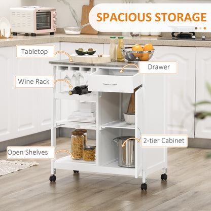 Compact Kitchen Trolley Utility Cart on Wheels with Wine Rack, Drawer, Open Shelf and Storage Cabinet for Dining Room, White