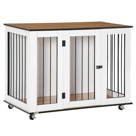 PawHut Dog Cage End Table with Five Wheels, Dog Crate Furniture for Large Sized Dogs, with Front Door Latch, Indoor Use, White