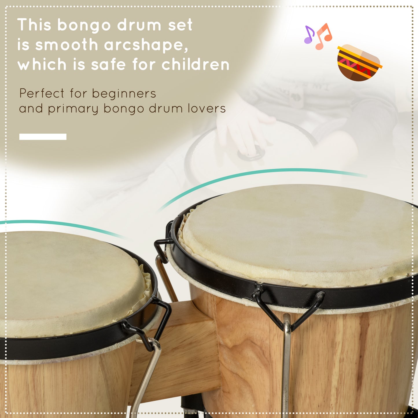 Wooden Bongo Drum Set w/ Sheepskin Drum Head, Percussion Instrument, Φ7.75" & Φ7" Drums, for Kids Adults, w/ Tuning Wrench