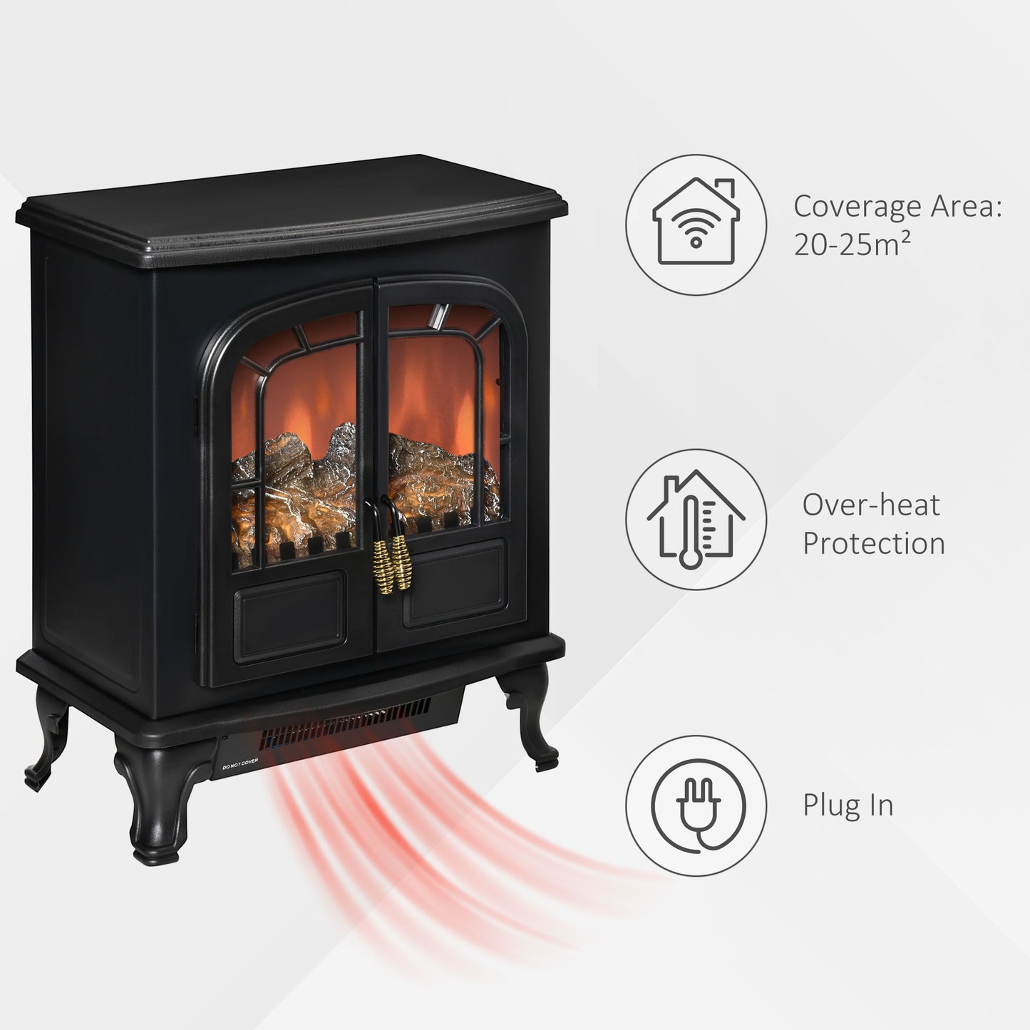 Electric Fireplace Stove Heater with LED Fire Flame Effect, Double Door, Freestanding & Portable with Overheat Protection, 1000W/2000W, Black