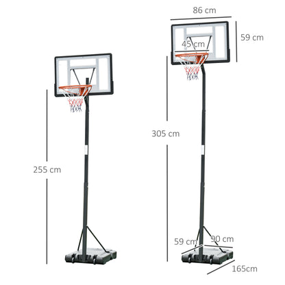 Basketball Hoop Freestanding 255-305cm Hoop Height Adjustable Stand with Backboard Wheels for Teens Adults Black