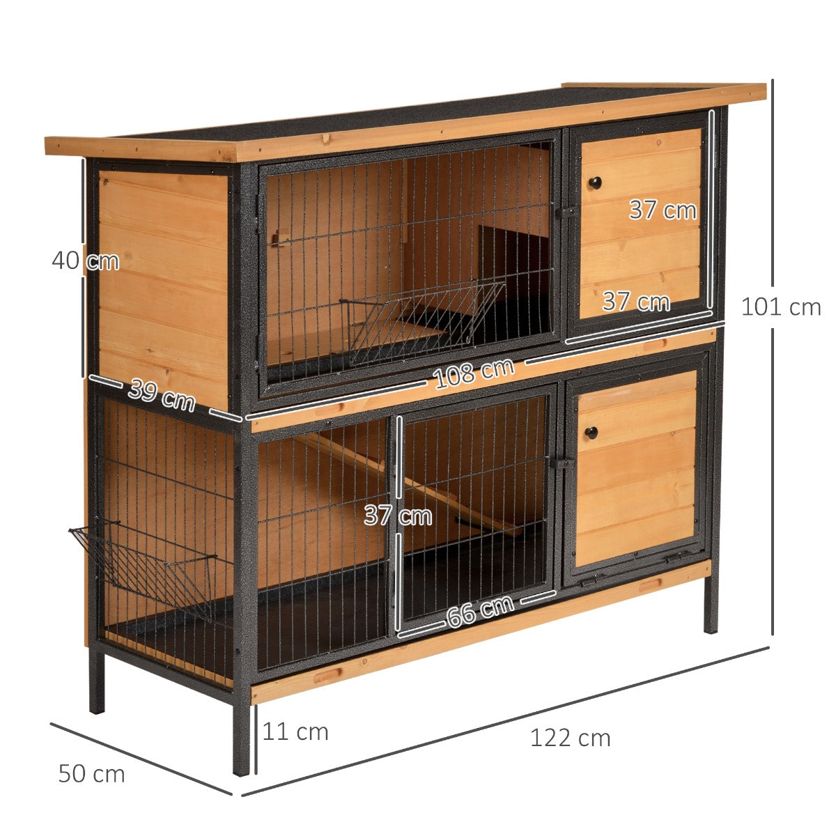 PawHut 2-Floor Wooden Rabbit Hutch Bunny Cage Metal Frame Pet House with Slide-Out Tray Feeding Trough Ramp Lockable Door Openable Roof