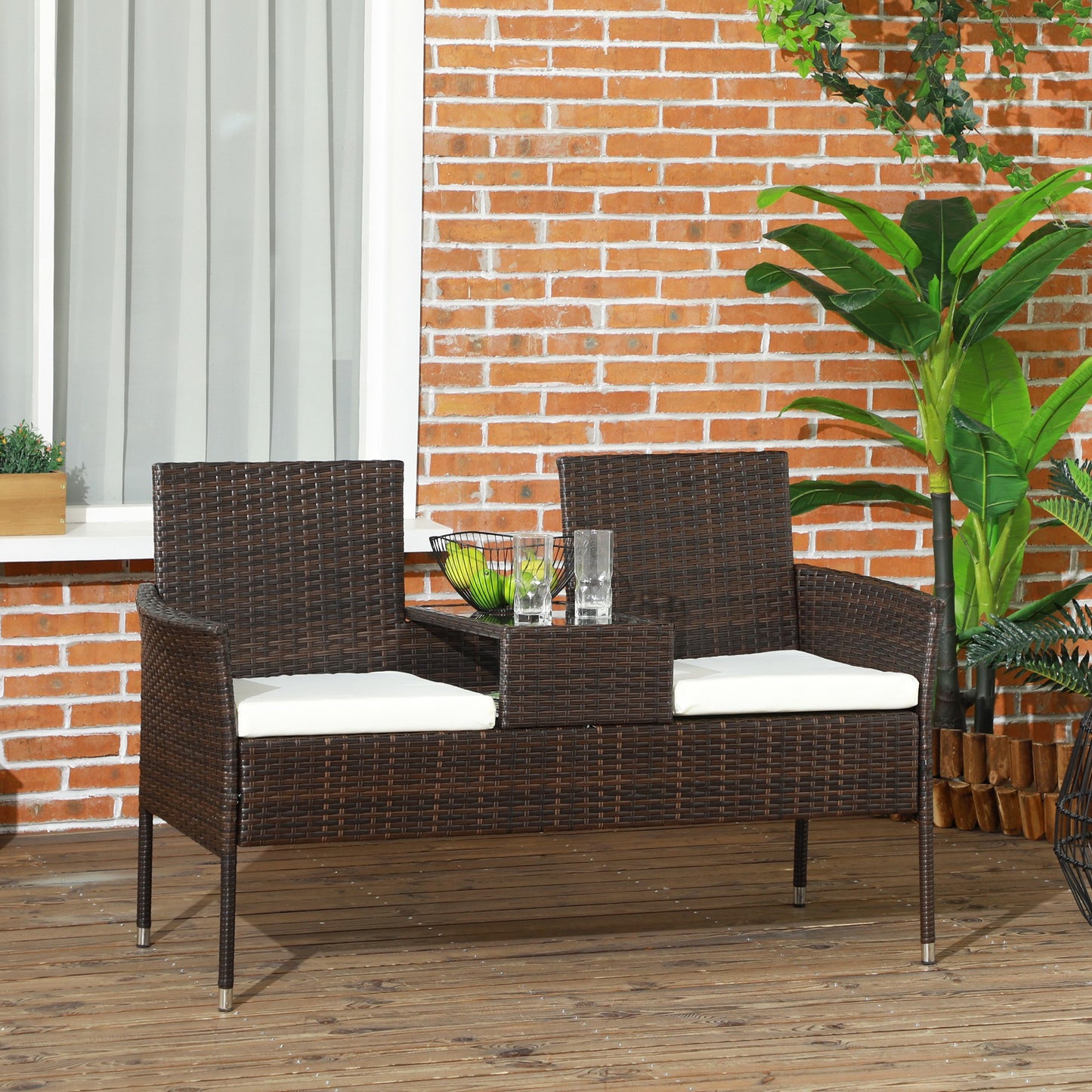 Outsunny Two-Seat Rattan Chair, with Middle Table - Brown