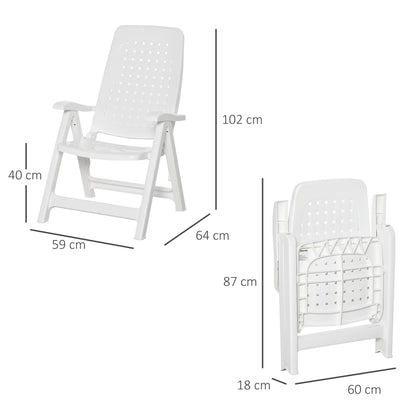 Outsunny Set of 2 Folding Plastic Dining Chairs with 4-Position Backrest, Reclining Armchairs for Indoor & Outdoor Events, Camping, White