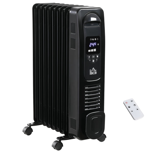 2180W Portable Electric Digital 9 Fin Oil Filled Radiator Heater With LED Display, Remote Control And Safety Cut-Off - Black