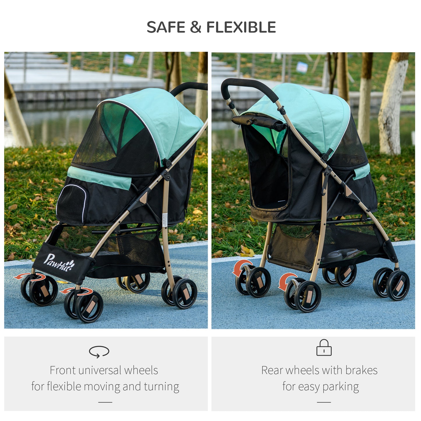 PawHut Oxford Pet Stroller for Small Minature Dogs with Rain Cover Green