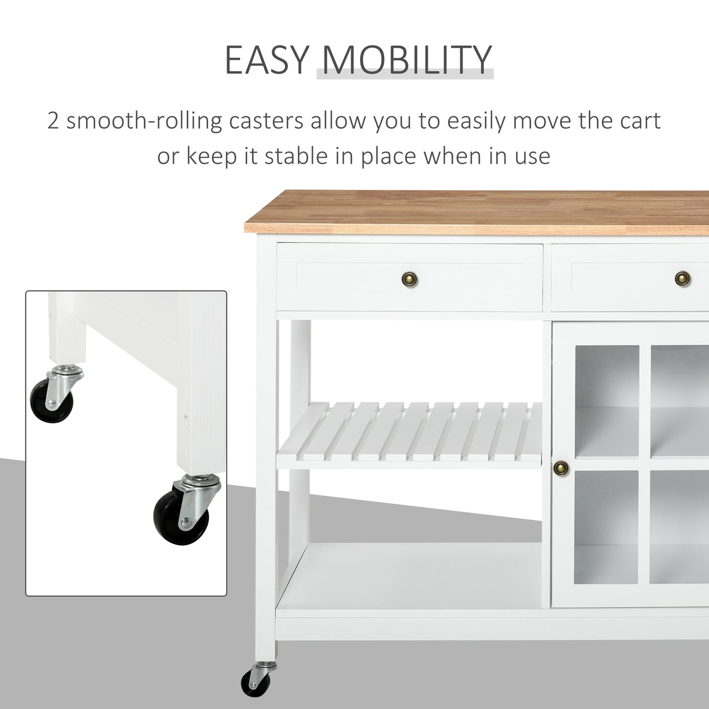 Modern Kitchen Island on Wheels, Kitchen Trolley Storage Cart with 2 Drawers, Cabinet, Towel Rack, Rubber Wood Top for Dining Room, White