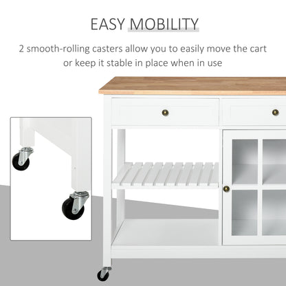 Modern Kitchen Island on Wheels, Kitchen Trolley Storage Cart with 2 Drawers, Cabinet, Towel Rack, Rubber Wood Top for Dining Room, White