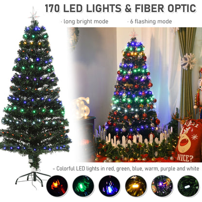 5ft Pre-Lit Fibre Optic Christmas Tree With Star Tree Topper, Solid Metal Base, 170 Branch Tips, 6 Colour LED Lights Home Decoration - Green