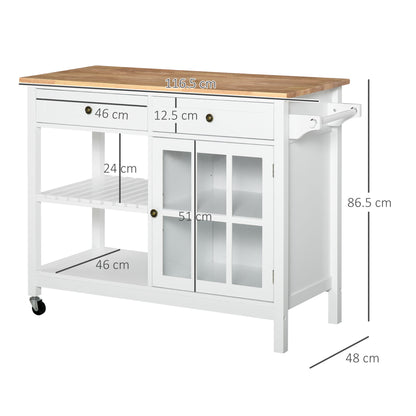 Modern Kitchen Island on Wheels, Kitchen Trolley Storage Cart with 2 Drawers, Cabinet, Towel Rack, Rubber Wood Top for Dining Room, White