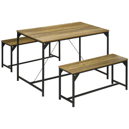 Retro Style Dining Table and Bench Set for 4, Kitchen Table with 2 Benches, Space Saving Dining Room Sets, Natural