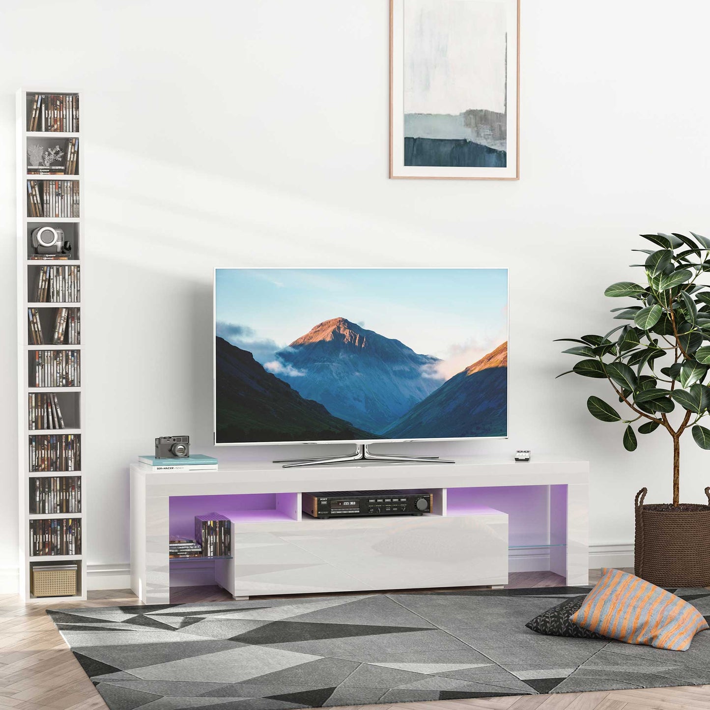 High Gloss TV Stand Cabinet with LED RGB Lights and Remote Control for TVs up to 65", Media TV Console Table with Storage Compartment, White