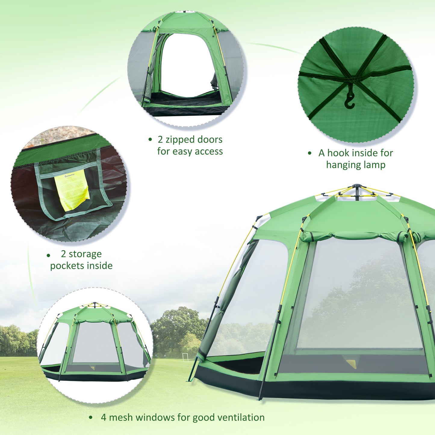 Outsunny 6 Person Pop Up Camping Tent, 2-Tier Design Backpacking Tent with 4 Windows 2 Doors Portable Carry Bag for Fishing Hiking, Green