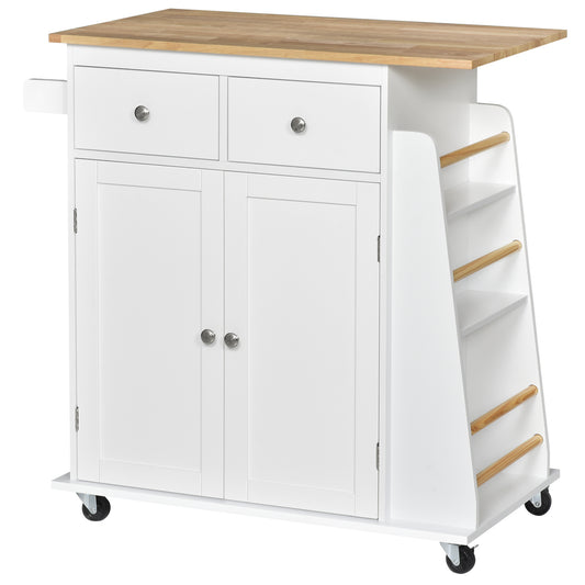 Kitchen Island Storage Cabinet Rolling Trolley with Rubber Wood Top, 3-Tier Spice Rack, Large Cabinet & Drawers