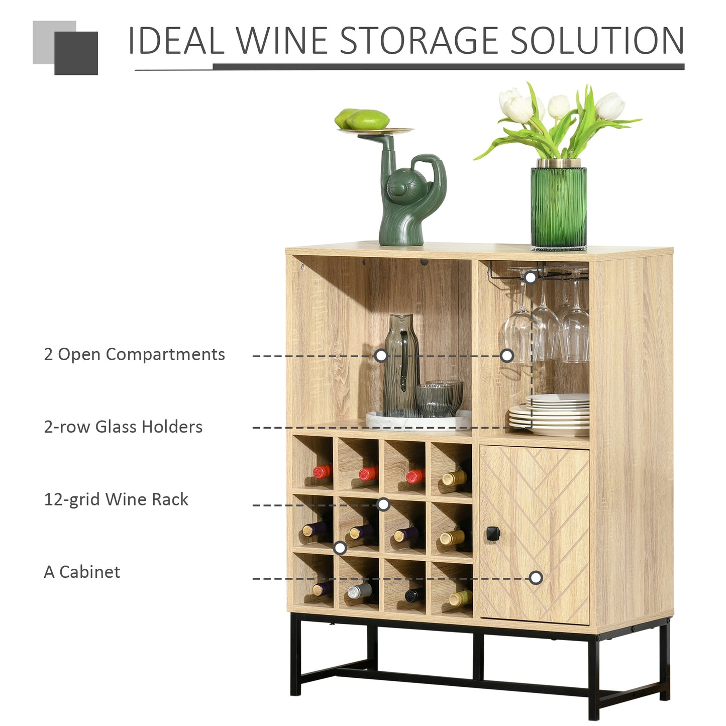 Wine Rack for 12 Bottles, Freestanding Wine Rack Sideboard Serving Bar with Glass Holders, Brown