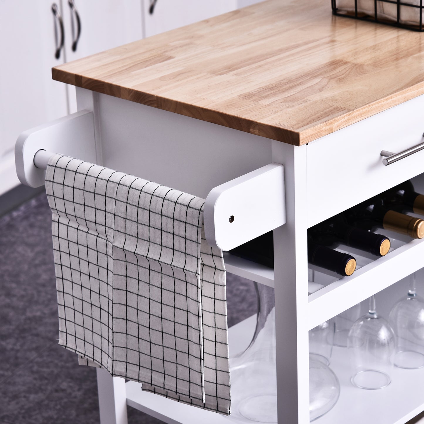 Kitchen Storage Trolley Cart Cupboard Rolling Wheels Shelves Cabinet Island W/ Drawers Towel Rail Wine Glass Rack Pine Wood Worktop  White