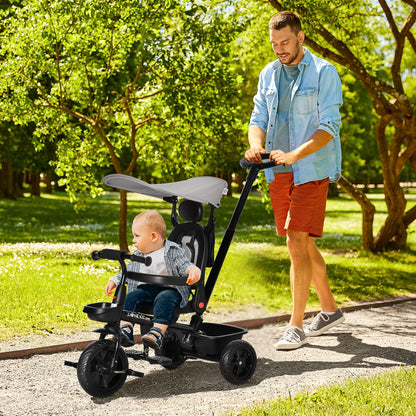 4-in-1 Tricycle 3 Wheels Pushchair w/ Reversible Seat Adjustable Canopy Removable Handle For Age 1-5 Years, Grey