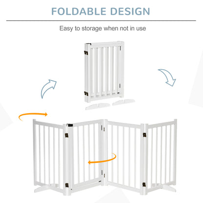 PawHut Pet Gate for Small and Medium Dogs, Freestanding Wooden Foldable Dog Safety Barrier with 4 Panels, 2 Support Feet for Doorways,Stairs,White