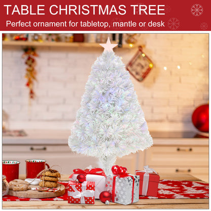 2.5FT Pre Lit Artificial Tabletop Christmas Tree With Fibre Optics Holiday Home Decoration for Table and Desk, White