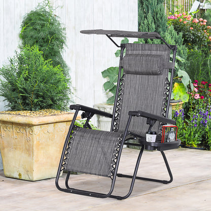 Outsunny Zero Gravity Garden Deck Folding Chair Patio Sun Lounger Reclining Seat with Cup Holder & Canopy Shade - Grey