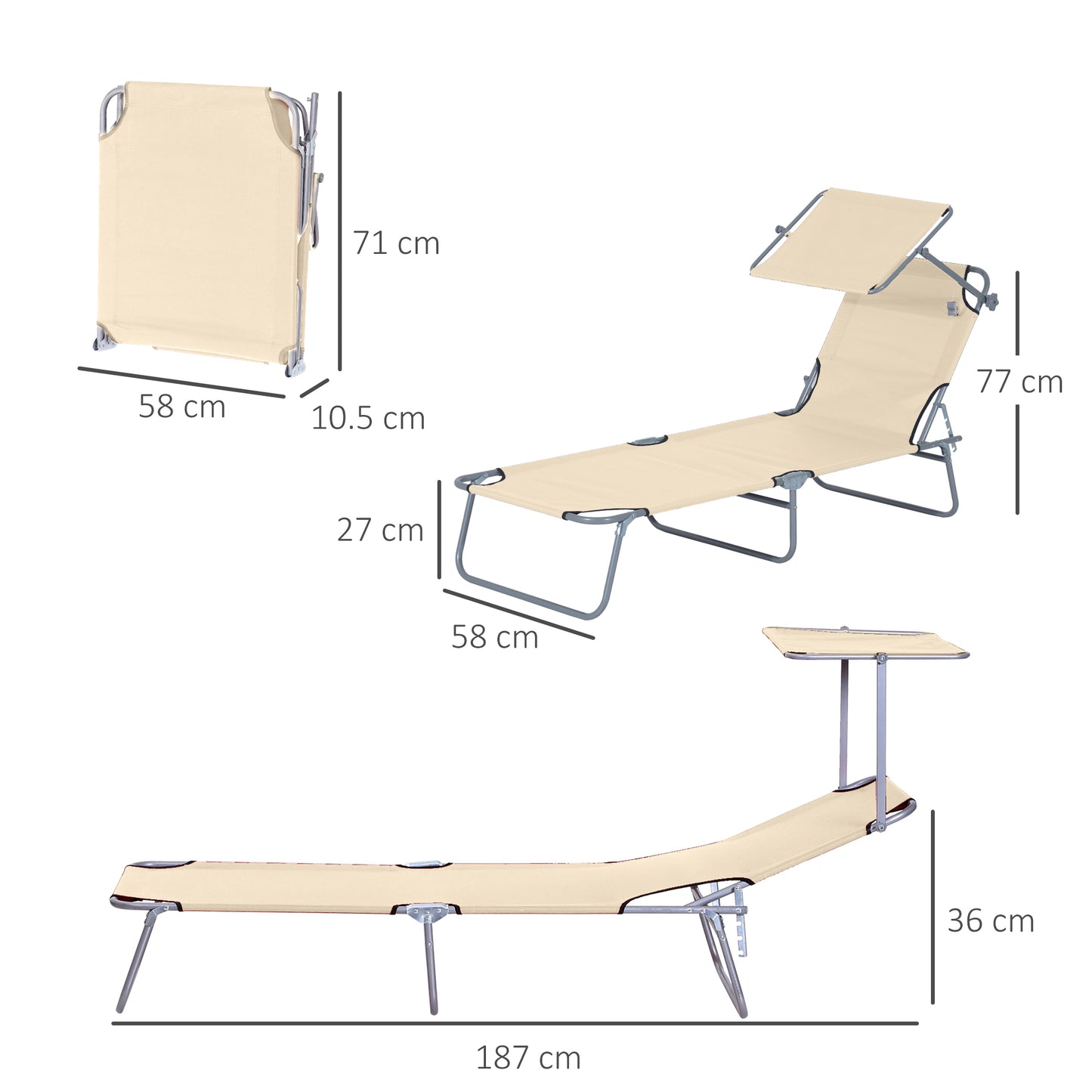 Outsunny Camping Reclining Chair Sun Lounger Folding Lounger Seat with Sun Shade Awning Beach Garden Outdoor Patio Recliner Adjustable (Beige)