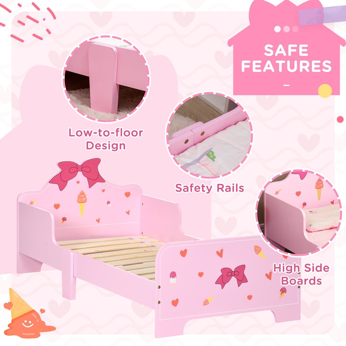 ZONEKIZ Princess-themed Kids Toddler Bed with Cute Patterns, Safety Side Rails Slats, Kids Bedroom Furniture for 3-6 Years, Pink, 143 x 74 x 59 cm