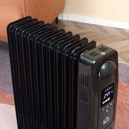 2180W Portable Electric Digital 9 Fin Oil Filled Radiator Heater With LED Display, Remote Control And Safety Cut-Off - Black