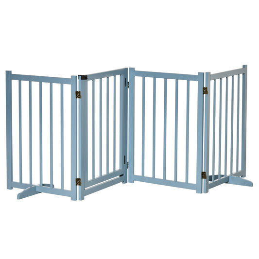 Pet Gate for Small and Medium Dogs, Freestanding Wooden Foldable Dog Safety Barrier W/ 4 Panels, 2 Support Feet for Doorways, Stairs, Blue