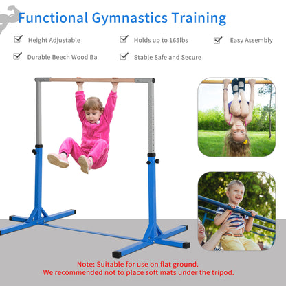 Height Adjustable Gymnastics Horizontal Bar For Kids Home Gym Training Children Junior Kip High Bar Fitness Blue w/ Steel Frame Wood