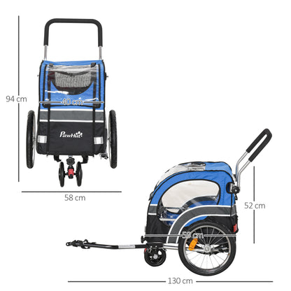 PawHut Dog Bike Trailer 2-in-1 Pet Cart Carrier Stroller Pushchair for Bicycle with 360° Rotatable Front Wheel Reflectors Weather Resistant Blue