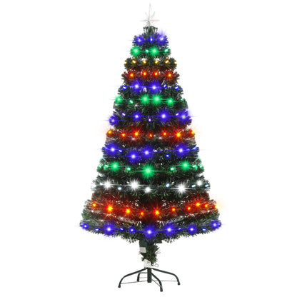 5ft Pre-Lit Fibre Optic Christmas Tree With Star Tree Topper, Solid Metal Base, 170 Branch Tips, 6 Colour LED Lights Home Decoration - Green