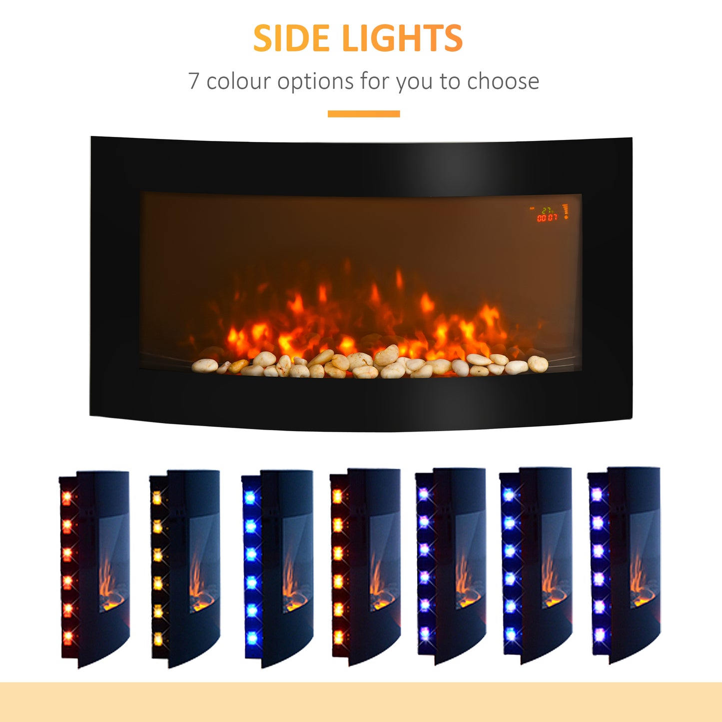 Led Wall Mounted Fireplace Curved Glass Electric Fire Place Fire Place 7 Colour Side Lights Slimline, 1000/2000W, 89.2cm x 48cm