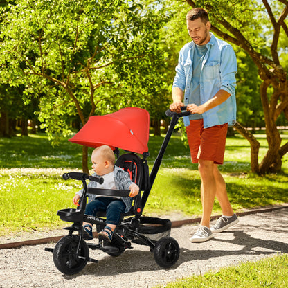 4 in 1 Tricycle 3 Wheels Pushchair Toddler Stroller Foldable Pedal Trike w/ Reversible Angle Adjustable Seat for 1-5 Years, Red