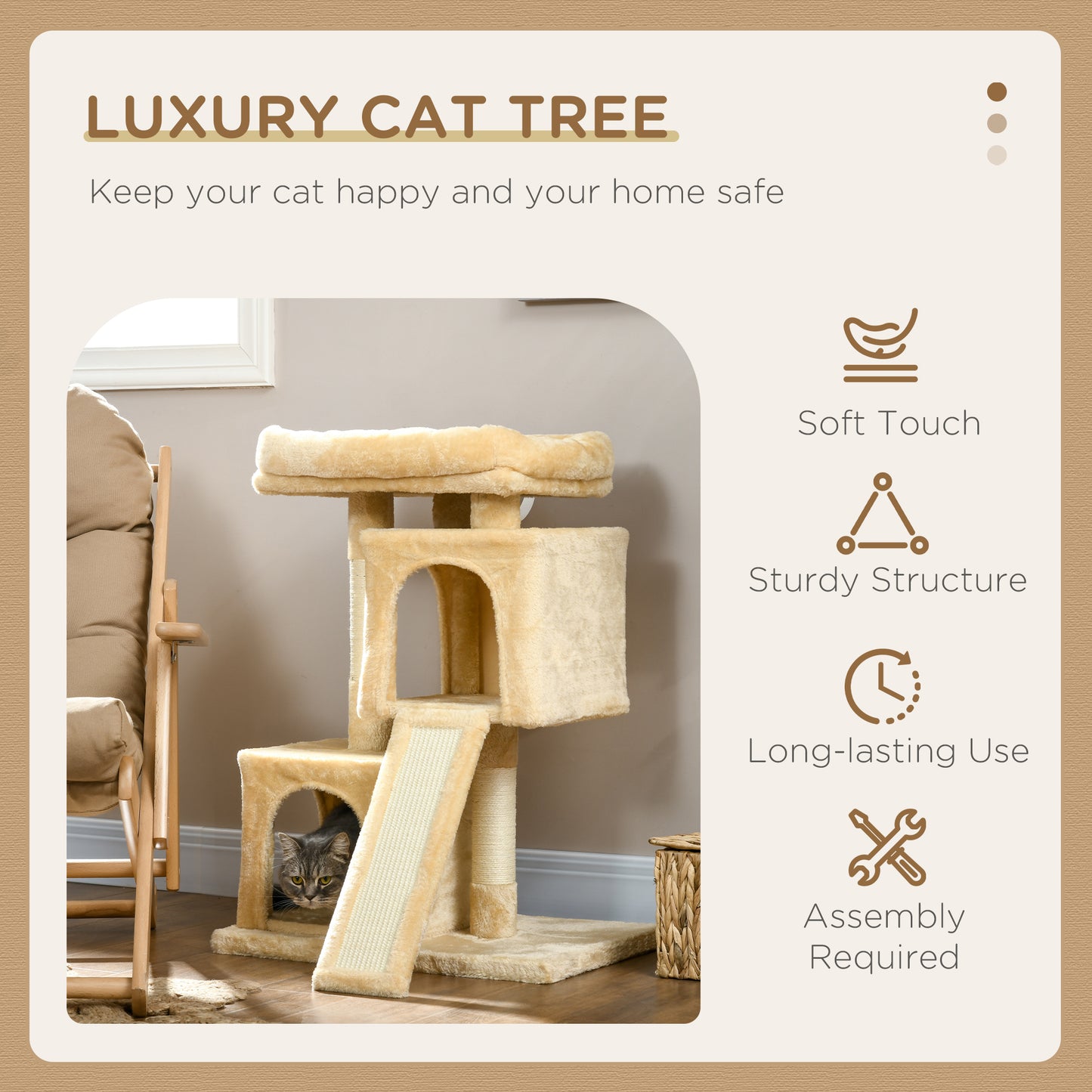 PawHut Sisal Cat Rest & Play Activity Tree w/ 2 House Cream White