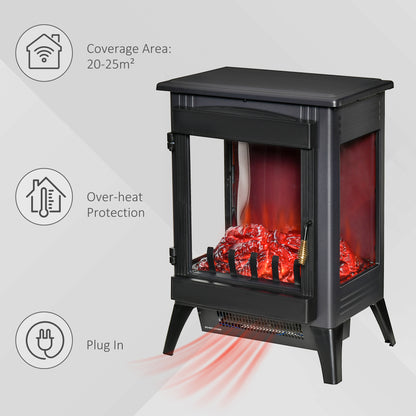 Free standing Electric Fireplace Stove Heater With LED Flame Effect, 3-sided Tempered Glass, Overheat Protection, 1000W/2000W, Black