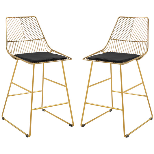 Retro Vintage Style Set of 2 Bar Stools Counter Height Wire Metal Bar chairs for Kitchen, Bar Counter, Gold