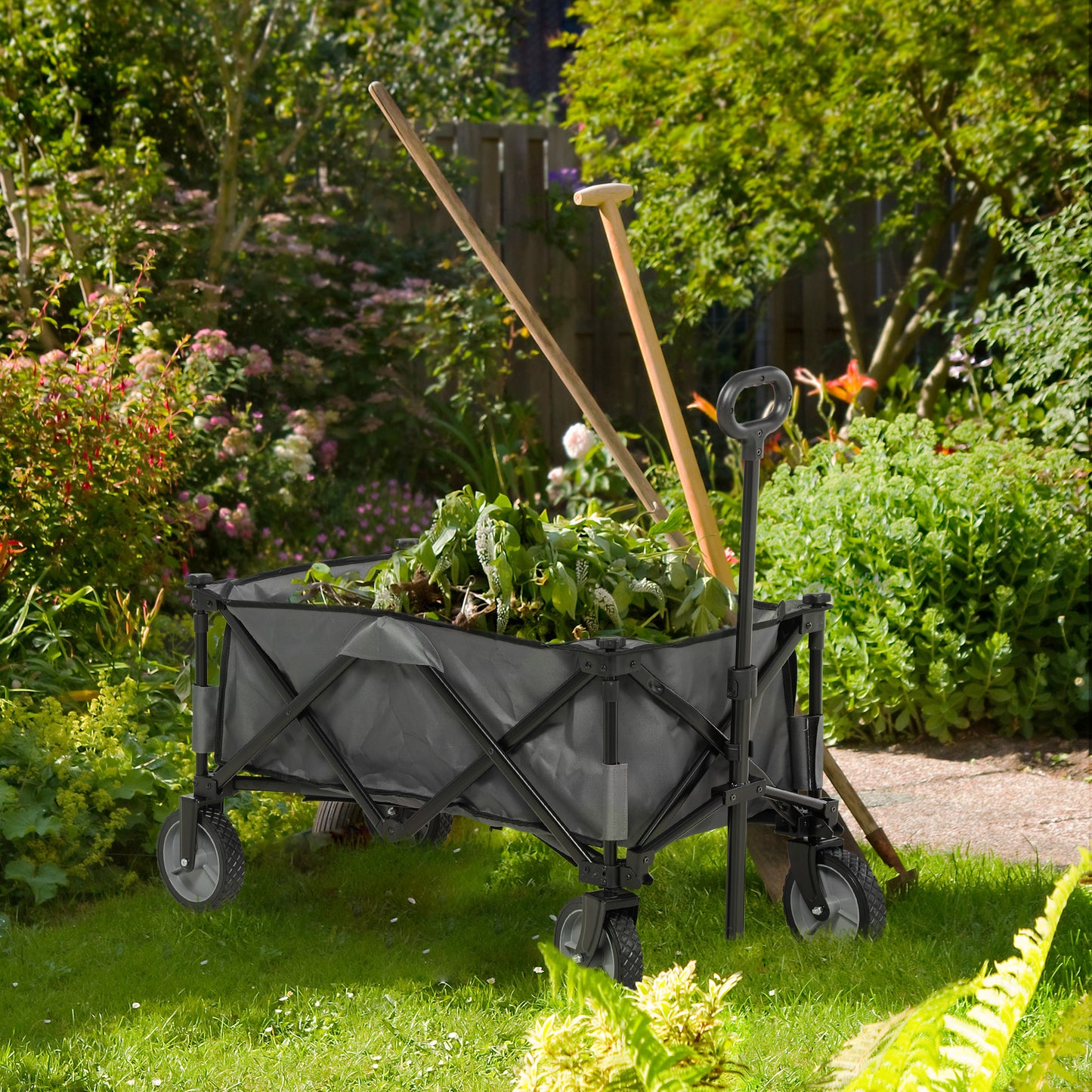 Outsunny Garden Trolley, Cargo Trailer on Wheels, Folding Collapsible Camping Trolley, Outdoor Utility Wagon, Dark Grey